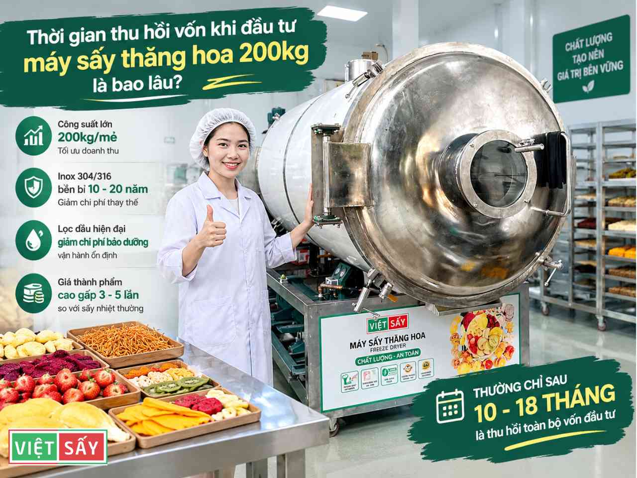 Thời gian thu hồi vốn khi đầu tư dòng máy sấy thăng hoa 200kg thường mất bao lâu