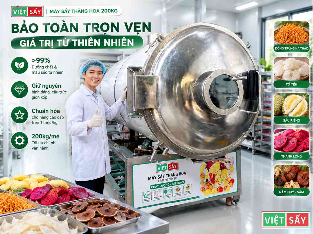 Ưu điểm của máy sấy thăng hoa 200kg Việt Sấy